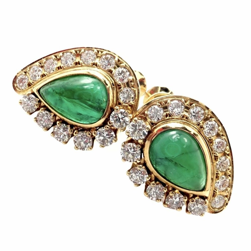 Authentic! Mikimoto 18k Yellow Gold Diamond Teardrop Emerald Screw Back Earrings
